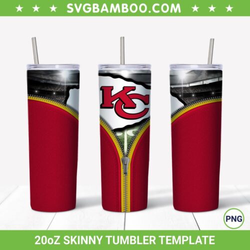 Kansas City Chiefs Zipper 20oz Skinny Tumbler Template PNG, Kansas City Chiefs Tumbler Wrap PNG, Football Tumbler Sublimation Design PNG Download