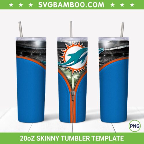 Miami Dolphins Zipper 20oz Skinny Tumbler Template PNG, Miami Dolphins Tumbler Wrap PNG, Football Team Tumbler Sublimation Design PNG Download