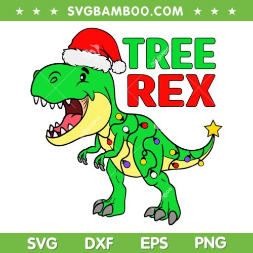 Cute Christmas Dinosaur SVG, Christmas Tree Lights Santa Xmas SVG, Green Dinosaur Christmas Santa Hat SVG DXF EPS PNG