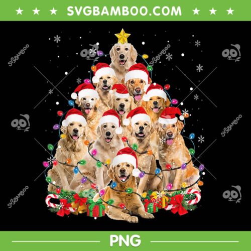 Golden Retriever Christmas Tree PNG, Lights Tree Dog Lover Xmas PNG, Chritsmas Dog Santa Hat Tree PNG