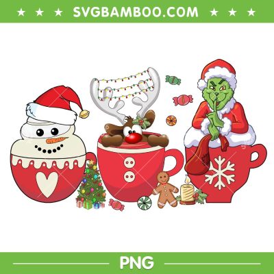 Grinch Christmas Hot Drink PNG, Snowman Reindeer Grinch Coffee PNG, Warm Drink Snowman Grinch PNG