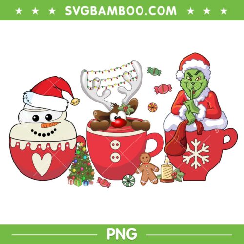 Grinch Christmas Hot Drink PNG, Snowman Reindeer Grinch Coffee PNG, Warm Drink Snowman Grinch PNG