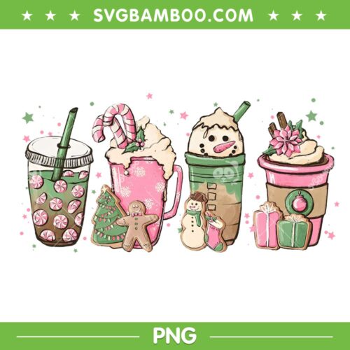 Pink Christmas Coffee Latte PNG, Pink Drink Christmas Ornament PNG, Coffee Latte Candy Cane Snowman PNG