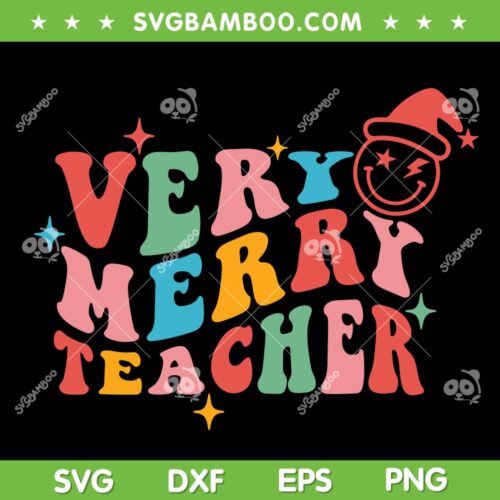 Retro Groovy Santa Christmas SVG, Pajama Xmas Very Merry Teacher SVG, Vintage Very Merry Teacher SVG DXF EPS PNG