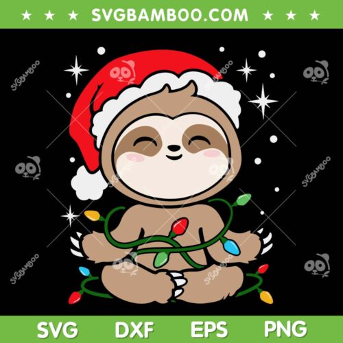 Sloth Christmas Tree Lights SVG, Santa Sloth Adorable SVG, Cute Sloth Santa Hat SVG DXF EPS PNG