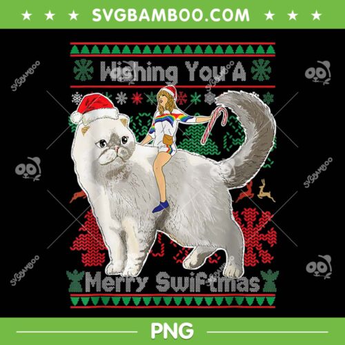 Wishing You A Merry Swiftmas PNG, Taylor Swift Cat Christmas Ugly PNG, Christmas Taylor Swift Cat Riding PNG