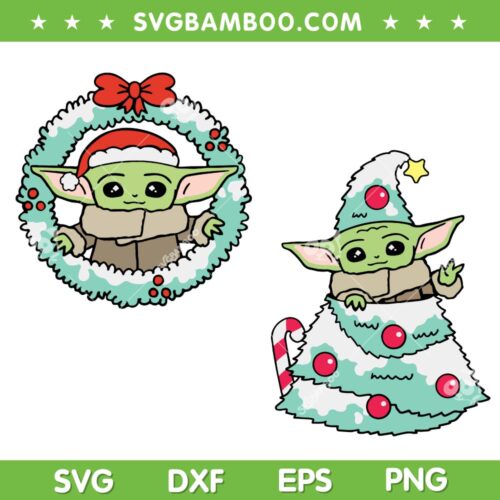 Baby Yoda Xmas Wreath SVG, Star Wars Yoda Christmas Trees SVG, Cute Yoda Santa Hat Xmas SVG DXF EPS PNG