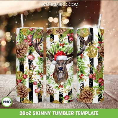 Reindeer Santa Hat 20oz Skinny Tumbler Template PNG, Christmas Glitter Reindeer Tumbler Wrap PNG, Christmas Tumbler Sublimation Design PNG Download