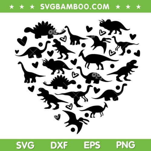 Dinosaur Heart Black And White SVG PNG, Valentine's Day Dinosaur Heart SVG, Dinosaur Valentine Day DXF EPS SVG PNG