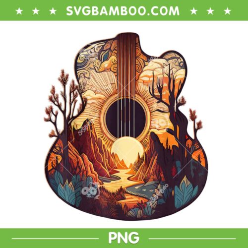 Guitar Landscape Music PNG, Acoustic Guitar Lover PNG, Guitar Tree With Music PNG