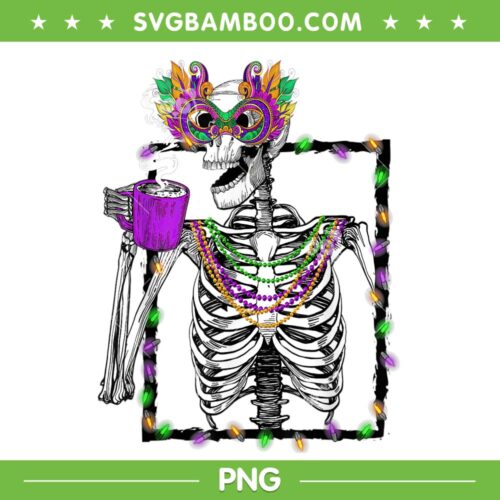 Mardi Gras Skeleton Drinking Coffee PNG, Skeleton Mask Beads PNG, Skeleton Coffee PNG