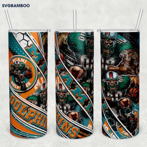 Miami Dolphins Tumbler Wrap PNG, Miami Dolphins Football Tumbler Template Sublimation, Football 20oz Skinny Tumbler PNG