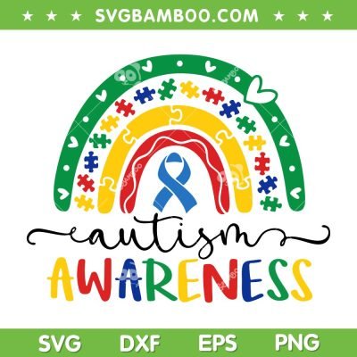 Rainbow Puzzle Autism Awareness SVG PNG, Autism Awareness Rainbow SVG, Autism Ribbon DXF SVG PNG EPS