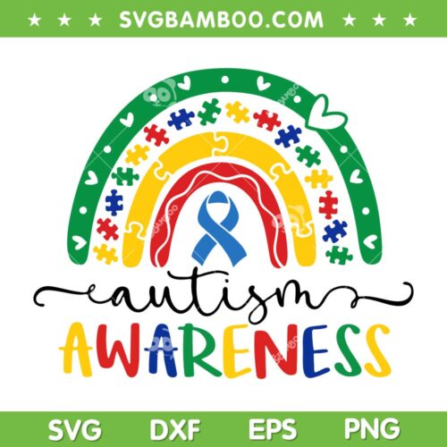 Rainbow Puzzle Autism Awareness SVG PNG, Autism Awareness Rainbow SVG, Autism Ribbon DXF SVG PNG EPS