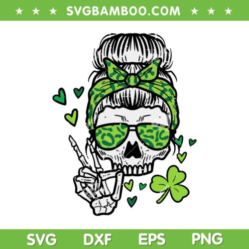 Skull Messy Bun Saint Pattys Paddy SVG PNG, Skull Womens Shamrock SVG, St Patricks Day DXF SVG PNG EPS