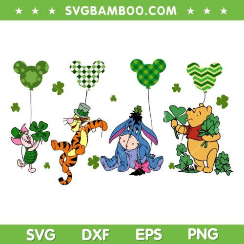 Winnie the Pooh Saint Patrick SVG PNG, Disney Mouse Irish Leafs Clover SVG, Winnie the Pooh Balloon Mouse DXF SVG PNG EPS