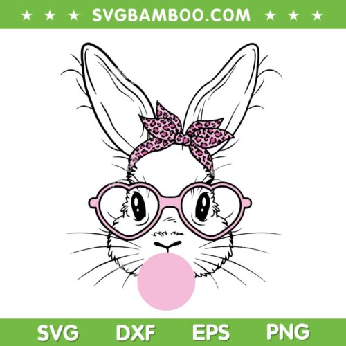 Bunny Face Leopard Bubble Gum SVG PNG, Easter Bunny Glasses SVG, Rabbit Face DXF SVG PNG EPS
