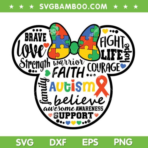 Disney Mouse Autism Quote SVG PNG, Minnie Mouse Puzzle Autism SVG, Disney Autism Awareness DXF SVG PNG EPS