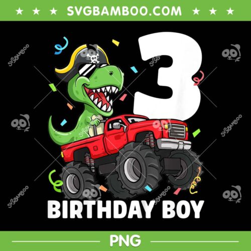 Kids Monster Truck T Rex Pirate PNG, 3rd Birthday Boy Dinosaur PNG, 3 Birthday Boy PNG