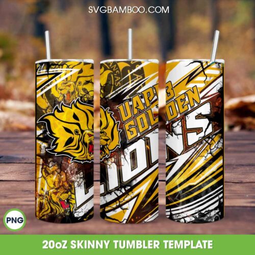 Arkansas Pine Bluff Golden Lions Football Tumbler Wrap PNG, University Of Arkansas Tumbler Template Sublimation, HBCU Teams 20oz Skinny Tumbler PNG