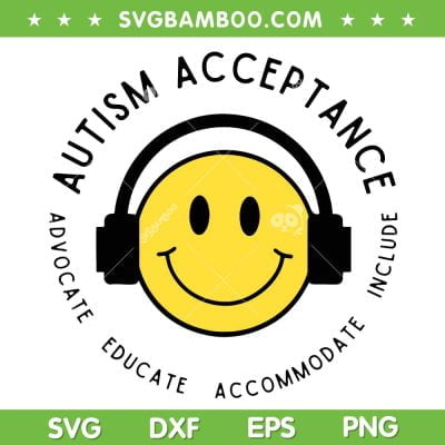 Autism Awareness Acceptance SVG PNG, Retro Smile Face Music SVG, Autism Acceptance Smile Face DXF SVG PNG EPS