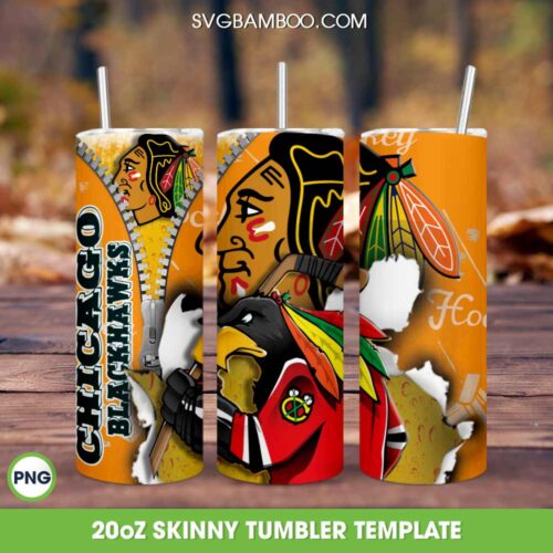 Chicago Blackhawks 20oz Skinny Tumbler PNG, Chicago Blackhawks Logo Tumbler Wrap PNG, Hockey Sports Tumbler Template Sublimation