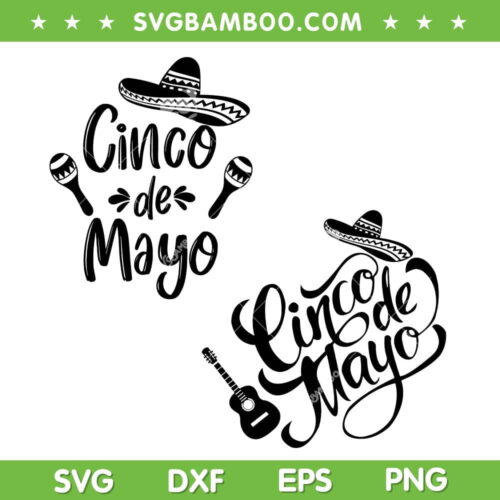 Cinco De Mayo Black And White SVG PNG, Happy Cinco De Mayo SVG, Mexico Hat With Guitar DXF SVG PNG EPS