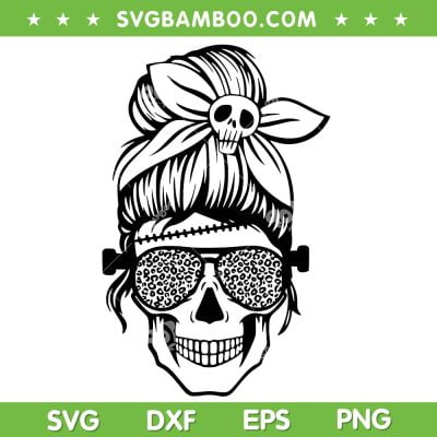 Leopard Messy Bun Sunglasses SVG PNG, Skull Mom Leopard SVG, Messy Bun Skull Head DXF SVG PNG EPS