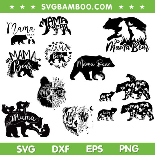 Mama Bear SVG Bundle, Black and White Family Bear SVG Bundle, Bear Mama Floral SVG Bundle