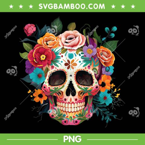 Sugar Skull With Flowers Colorful PNG, Day Of The Dead Skull PNG, Sugar Skull Floral PNG