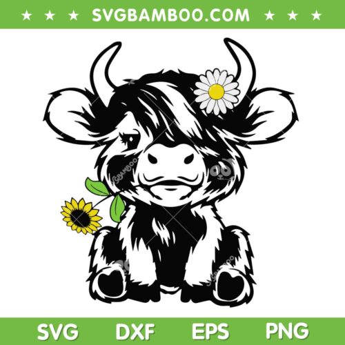 Highland Cow Sunflower SVG PNG, Cute Cow Happy Mothers Day SVG, Buffalo With Sunflowers DXF SVG PNG EPS
