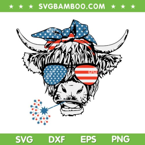 Cow July 4th America SVG PNG, Cow Fireworks Patriotic SVG, America Cow Messy Bun DXF SVG PNG EPS