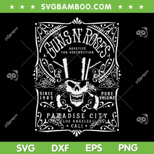 Guns N Roses Paradise City Label SVG PNG, Gun Skull SVG, Paradise City Los Angeles Cali DXF SVG PNG EPS