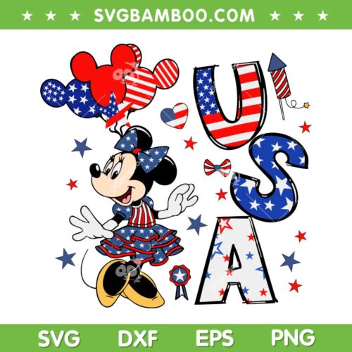 USA Minnie Mouse SVG PNG, Disney Mouse Happy 4th Of July SVG, Mouse Red White And Blue DXF SVG PNG EPS