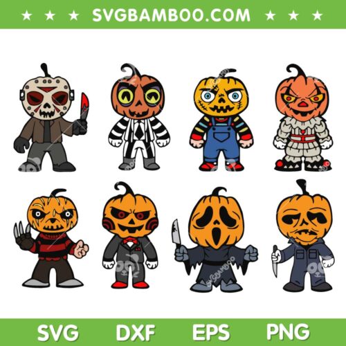 Chibi Horror Movie Characters SVG Bundle, Pumpkin Heads Halloween Friends SVG Bundle, Horror Halloween DXF SVG PNG EPS