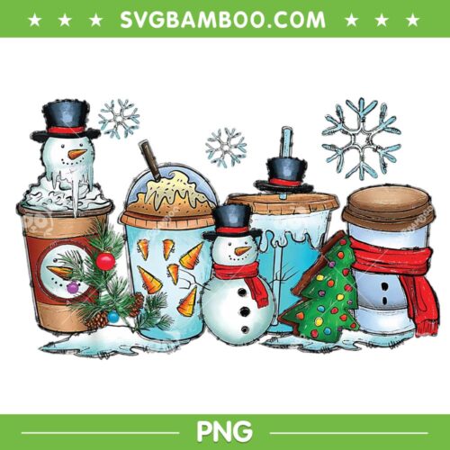 Christmas Coffee Cups Snowman PNG, Retro Groovy Xmas Tree Cookies PNG, Snowman Christmas PNG