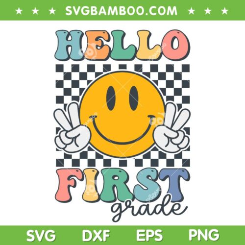 Hello First Grade Retro Smile SVG PNG, Team 1st Grade Groovy SVG, Back To School DXF SVG PNG EPS