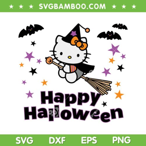 Hello Kitty Happy Halloween SVG PNG, Funny Hello Kitty Witch SVG, Kitty Halloween DXF SVG PNG EPS
