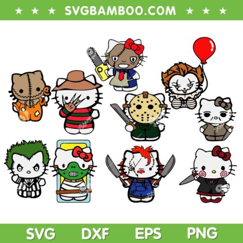 Hello Kitty Horror Characters SVG Bundle, Horror Movie Hello Kitty SVG Bundle, Hello Cats Horror Halloween DXF SVG PNG EPS