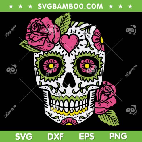 Pink Rose Sugar Skull SVG PNG, Sugar Skull With Pink Roses SVG, Skull Halloween DXF SVG PNG EPS