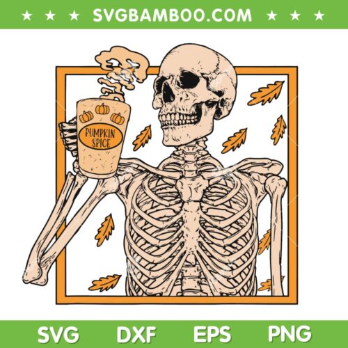 Skelelon Pumpkin Spice Latte Syrup SVG PNG, Halloween Skeleton Drinking Coffee SVG, Vintage Halloween DXF SVG PNG EPS