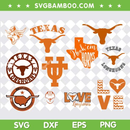 Texas Longhorns SVG Bundle, Texas Longhorns NCAA SVG Bundle, Sport Logo DXF SVG PNG EPS