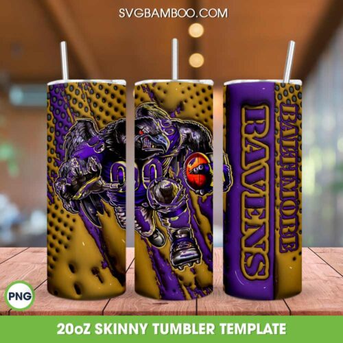Baltimore Ravens 3D Inflated Tumbler Wrap PNG, Ravens Mascot 20oz Skinny Tumbler, NFL Football Team Tumbler Template PNG