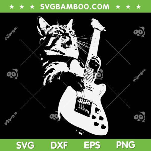 Cat Playing Guitar SVG PNG, Funny Rock Cat SVG, Guitar Cat Playing Music DXF SVG PNG EPS