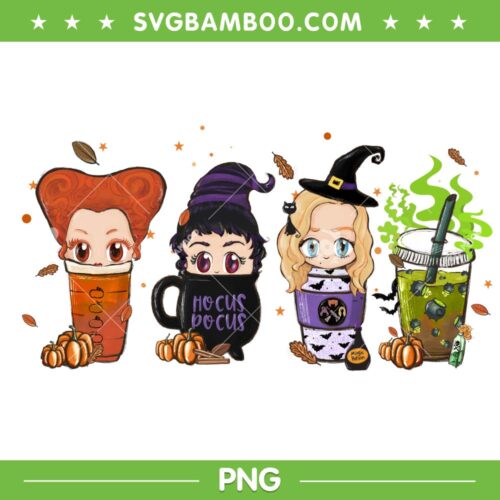 Chibi Hocus Pocus Coffee Latte PNG, Baby Sanderson Sisters Coffee PNG, Hocus Pocus PNG