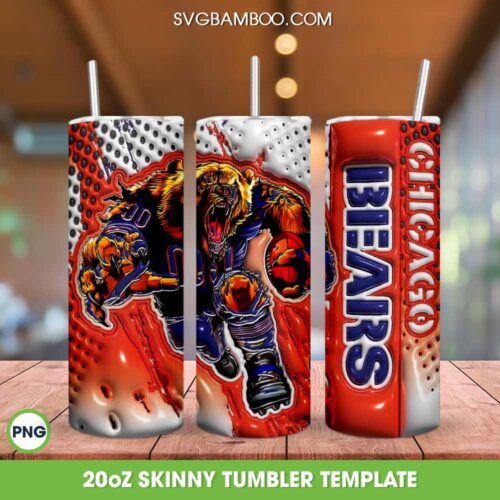 Chicago Bears 3D Inflated Tumbler Wrap PNG, Bears Mascot 20oz Skinny Tumbler, NFL Team Tumbler Template PNG