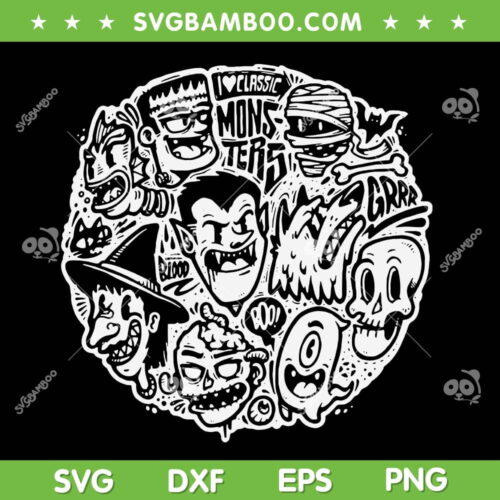 Classic Monsters SVG PNG, Halloween Monsters Characters SVG, I Love Monsters DXF SVG PNG EPS