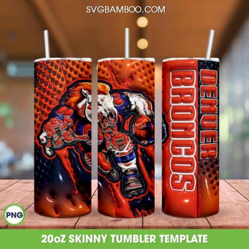 Denver Broncos 3D Inflated Tumbler Wrap PNG, Broncos Mascot 20oz Skinny Tumbler, NFL Team Tumbler Template PNG