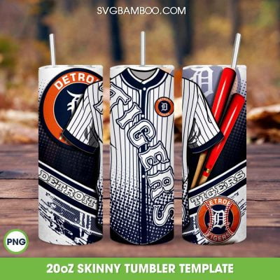 Detroit Tigers Jersey Tumbler Wrap PNG, Detroit Tigers Logo 20oz Skinny Tumbler Template PNG, MLB Baseball Team Tumbler Template PNG