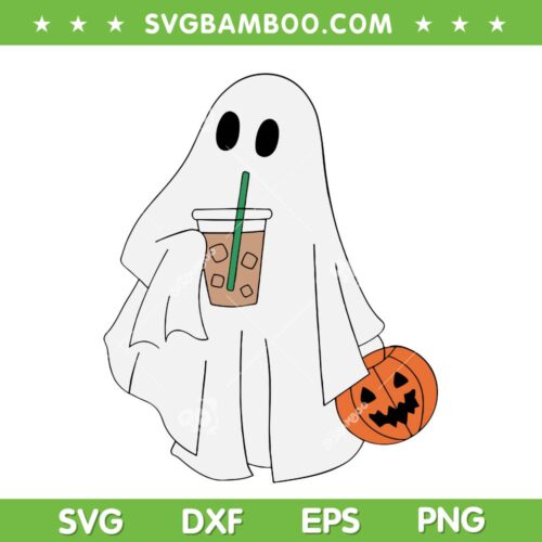 Funny Ghost Drinking Coffee SVG PNG, Halloween Ghost Pumpkin Coffee SVG, Cute Ghost Halloween DXF SVG PNG EPS